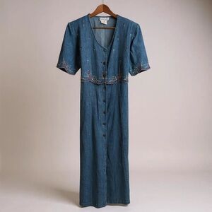 Vintage Floral Denim Dress With Tie